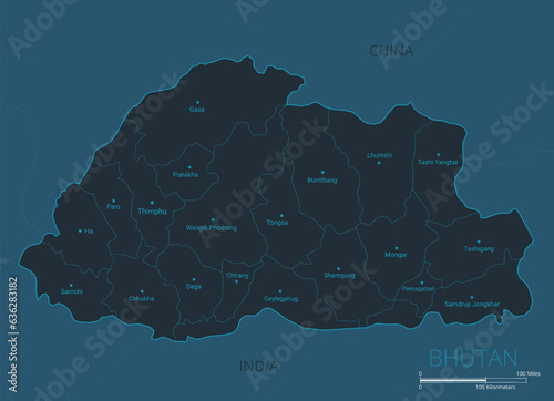 Bhutan map. High detailed map of Bhutan with countries, borders, cities, water objects. Vector illustration EPS10