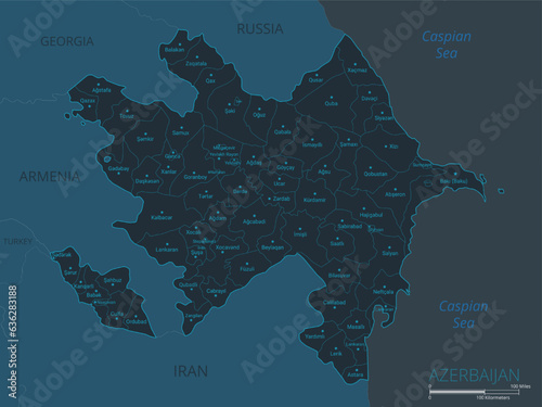 Azerbaijan map. High detailed map of Azerbaijan with countries, borders, cities, water objects. Vector illustration EPS10
