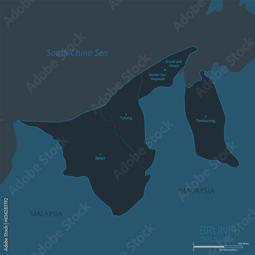 Brunei map. High detailed map of Brunei with countries, borders, cities, water objects. Vector illustration EPS10