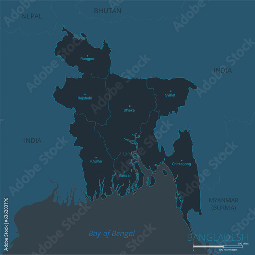 Bangladesh map. High detailed map of Bangladesh with countries, borders, cities, water objects. Vector illustration EPS10