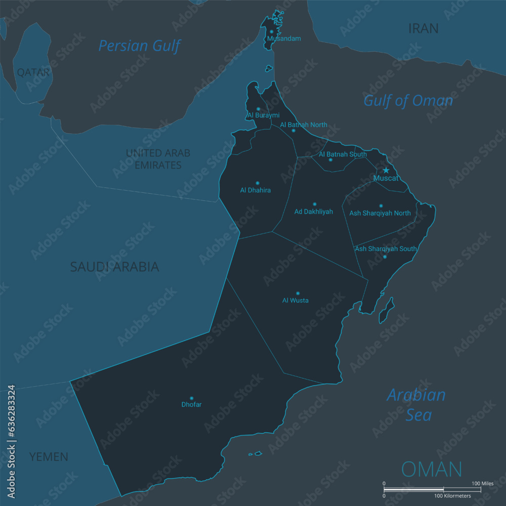Oman map. High detailed map of Oman with countries, borders, cities