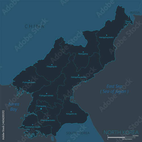 North Korea map. High detailed map of North Korea with countries, borders, cities, water objects. Vector illustration EPS10