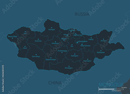 Mongolia map. High detailed map of Mongolia with countries, borders, cities, water objects. Vector illustration EPS10