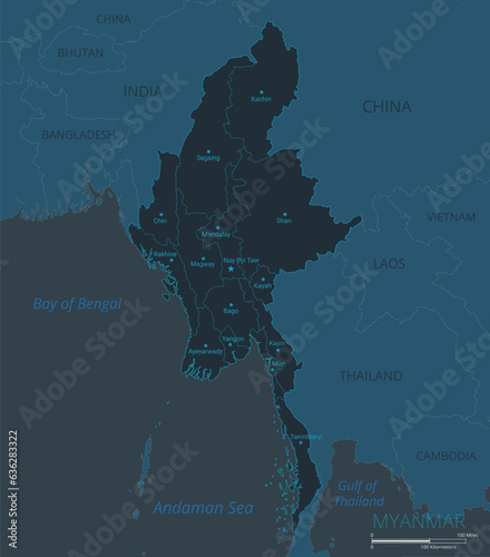 Myanmar map. High detailed map of Myanmar with countries, borders, cities, water objects. Vector illustration EPS10