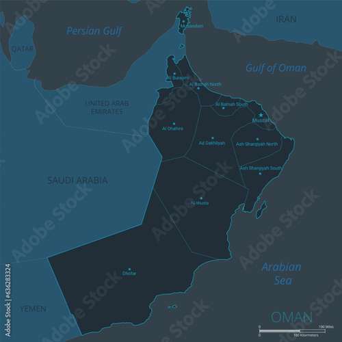 Oman map. High detailed map of Oman with countries, borders, cities, water objects. Vector illustration EPS10