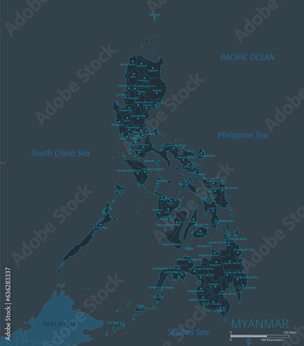 Philippines map. High detailed map of Philippines with countries, borders, cities, water objects. Vector illustration EPS10