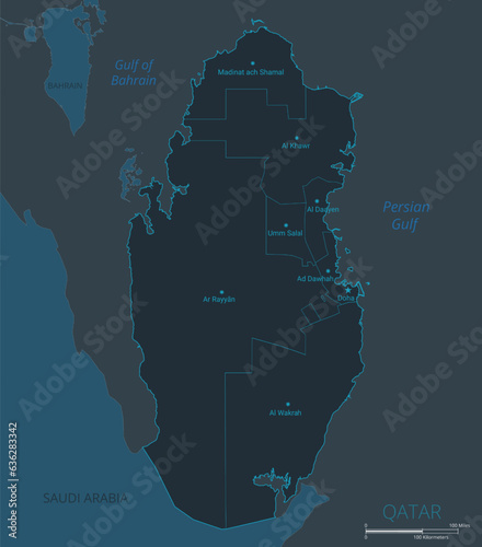 Qatar map. High detailed map of Qatar with countries, borders, cities, water objects. Vector illustration EPS10