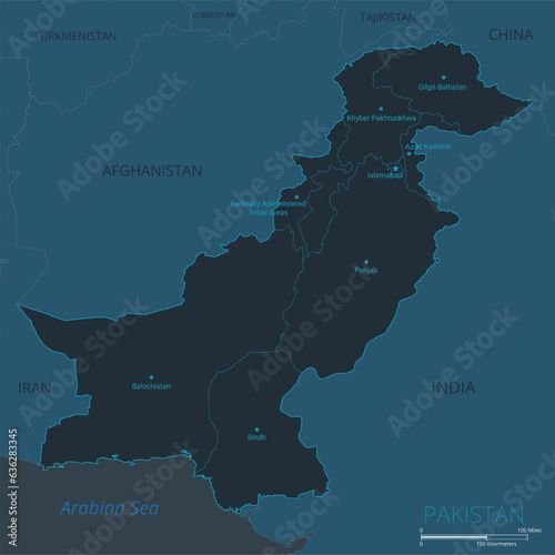 Pakistan map. High detailed map of Pakistan with countries, borders, cities, water objects. Vector illustration EPS10