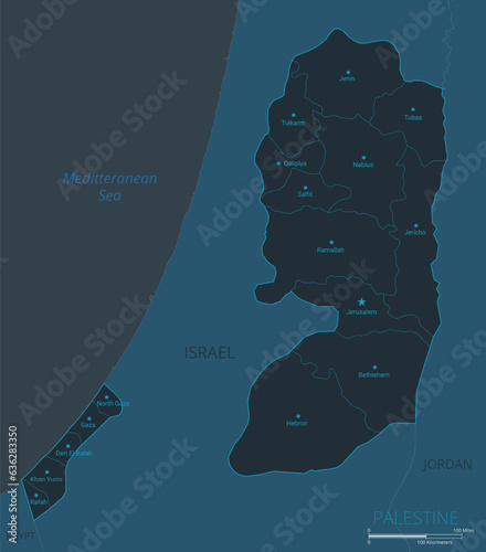 Palestine map. High detailed map of Palestine with countries, borders, cities, water objects. Vector illustration EPS10