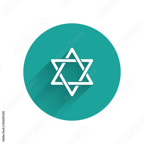 White Star of David icon isolated with long shadow. Jewish religion symbol. Symbol of Israel. Green circle button. Vector
