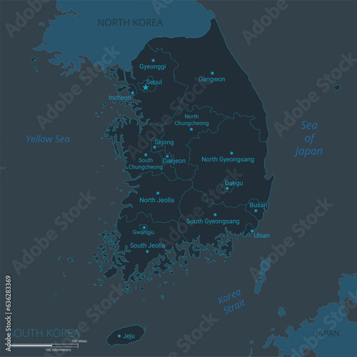 South Korea map. High detailed map of South Korea with countries, borders, cities, water objects. Vector illustration EPS10