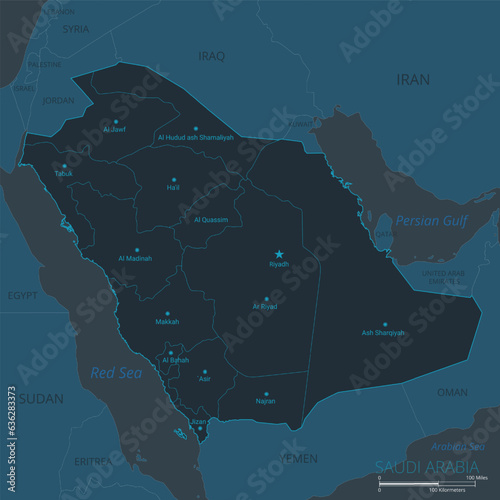 Saudi Arabia map. High detailed map of Saudi Arabia with countries, borders, cities, water objects. Vector illustration EPS10
