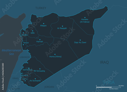 Syria map. High detailed map of Syria with countries, borders, cities, water objects. Vector illustration EPS10