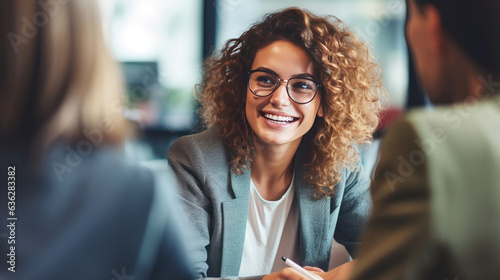 A businesswoman or financial advisor meeting with clients in an office, discussing finances, mortgages, and investing strategies. Personal financial management and advisory services. Generative Ai