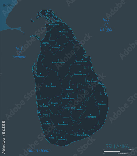 Sri Lanka map. High detailed map of Sri Lanka with countries, borders, cities, water objects. Vector illustration EPS10