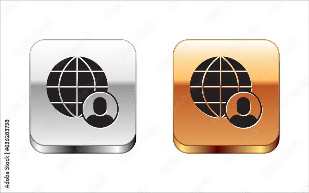 Black Freelancer icon isolated on white background. Freelancer man working on laptop at his house. Online working, distant job concept. Silver and gold square buttons. Vector Black Freelancer icon isolated on white background. Freelancer man working on laptop at his house. Online working, distant job concept. Silver and gold square buttons. Vector
