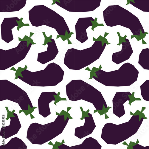 Seamless pattern of purple eggplant with a broken shape. Vector design. Printing on textiles and paper, autumn harvest theme, proper nutrition, healthy vegetables. Cover for eggplant products