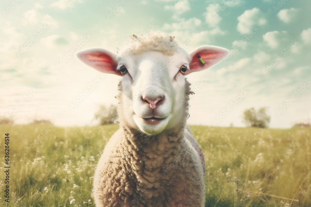 Obraz premium lamb wool grass meadow animal sun sheep green field farm. Generative AI.