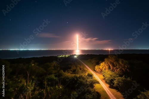 Spacex Starlink launch with long exposure at Cape Canaveral. Generative AI photo