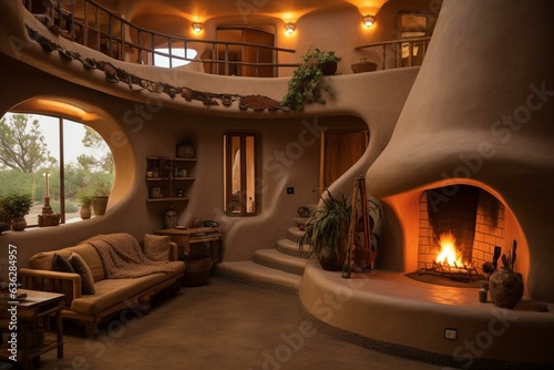 Round adobe home with fireplace opening on top. Generative AI photo