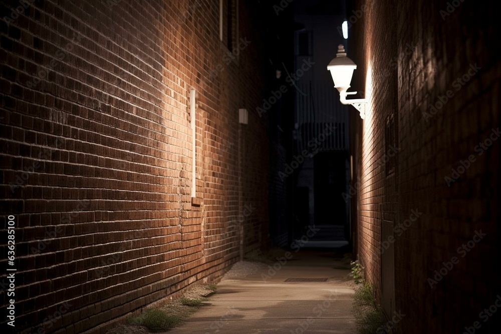 A dimly lit alley with a smoking street light at night, featuring a brick wall and distant street lights. Generative AI