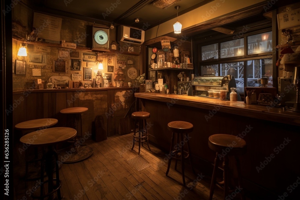 a vintage Tokyo coffee house with a nostalgic ambience after dark. Generative AI
