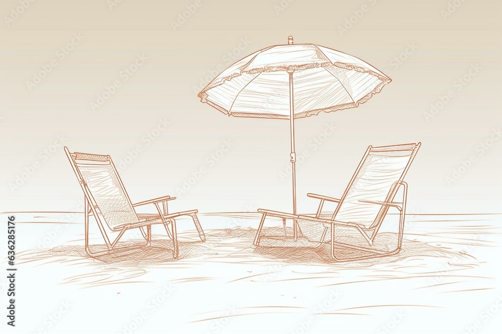 Continuous line drawing of beach umbrella and chairs, representing summer vacation. Keywords: beach, umbrella, chairs, summer, vacation, coast, sea, chaise longue, background. Generative AI