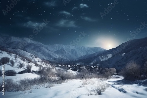 Winter night scene with vast mountainous landscape. Generative AI © Rowen