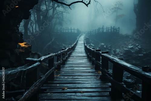Enigmatic trails fog draped wooden walkways lead through an atmosphere of mystery Generative AI