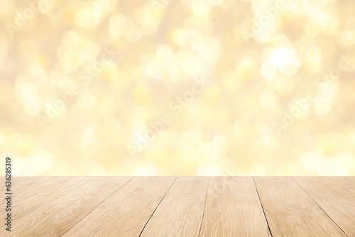 Empty wooden table  blurred gold background. Generative AI