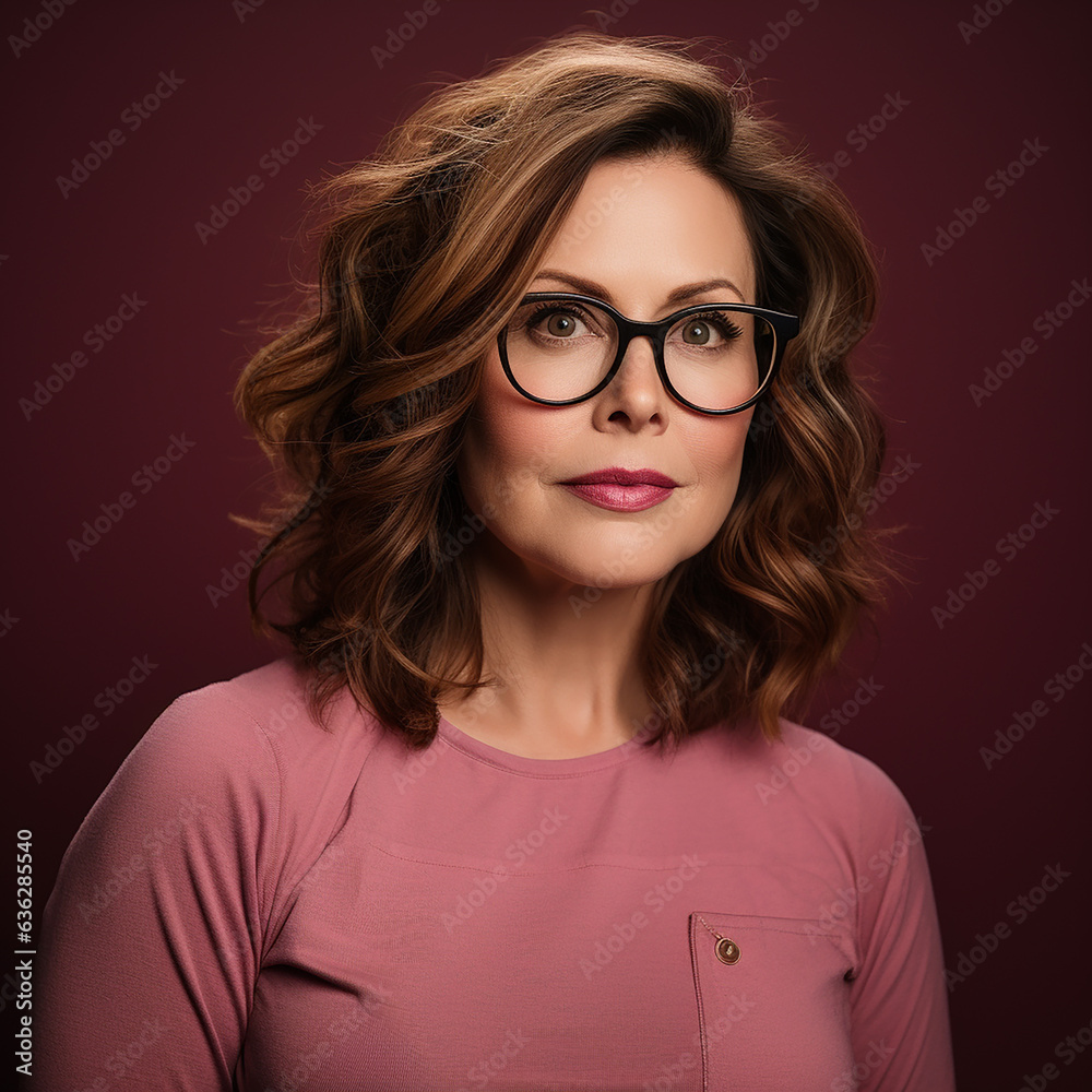 Fototapeta premium Brown hair 45 year old woman with glasses face and head and shoulders, dark pink background, style of book cover photoshoot.