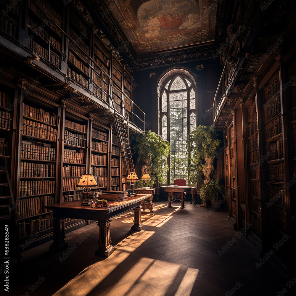 a timeless library with huge wall of books and fews trees in the background.