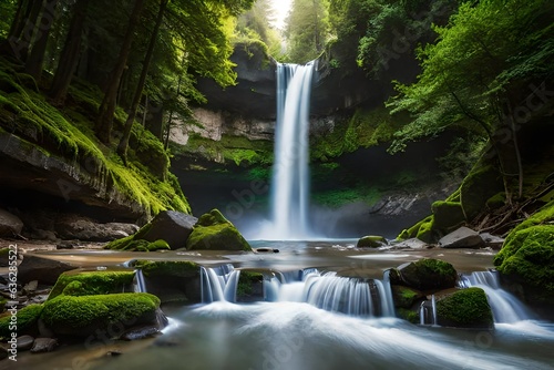  image of a hidden waterfall within a dense forest  framed by vibrant vegetation and sunlight piercing through the canopy