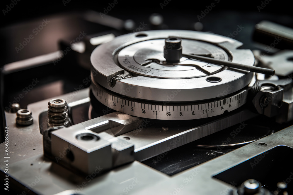 Precision Engineering: Close-Up Macro Shot of a CNC Rotary Table with Measuring Tools in an Industrial Manufacturing Setting Precision Engineering: Close-Up Macro Shot of a CNC Rotary Table with Measuring Tools in an Industrial Manufacturing Setting
