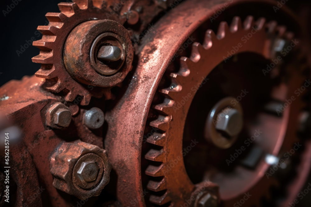 Steampunk-inspired Macro Close-up: A Rusty Separator's Gear Unveiling Intricate Industrial Machinery with Vintage Charm