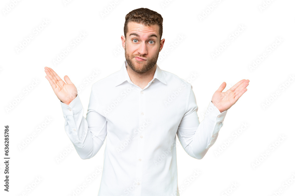Young handsome blonde man over isolated chroma key background having doubts while raising hands Young handsome blonde man over isolated chroma key background having doubts while raising hands