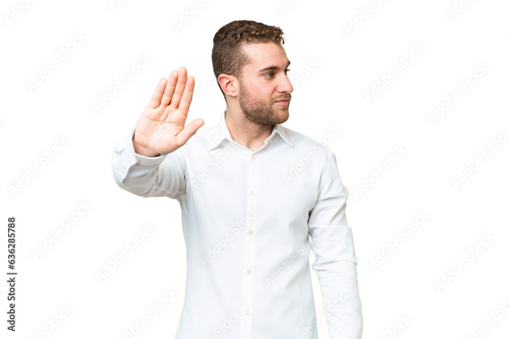 Young handsome blonde man over isolated chroma key background making stop gesture and disappointed Young handsome blonde man over isolated chroma key background making stop gesture and disappointed