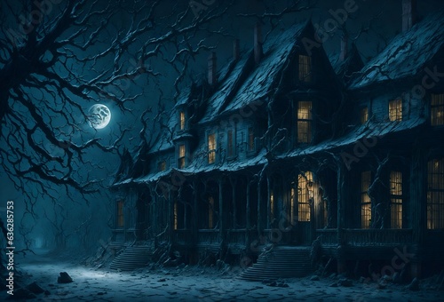 An eerie  haunted manor with a sinister presence lurking in the darkness illustration