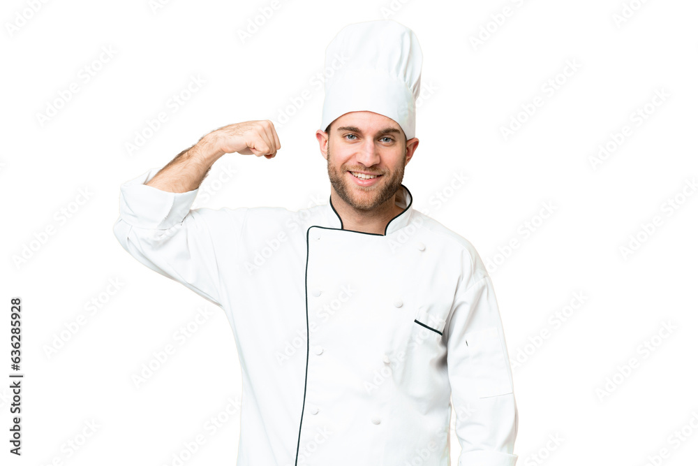 Young blonde man Chef over isolated chroma key background doing strong gesture
