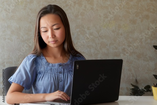Asian girl school student e learning distance training course study work at home office. Ethnic young woman watching online education webinar using laptop © useful pictures