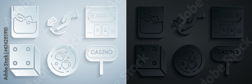Set Glass of whiskey and ice cubes, Online poker table game, Game dice, Casino signboard, Human hand throwing and icon. Vector