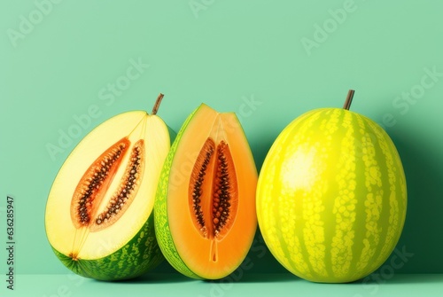 Ripe juicy rockmelon on a solid pastel background. Melon Fruit with Juicy Flesh and Seeds Inside