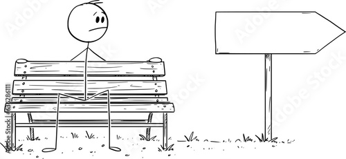Person Sitting on Park Bench and Procrastinating , Vector Cartoon Stick Figure Illustration