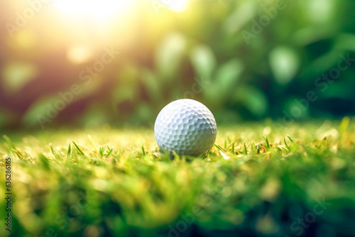 Close up of golf ball on green. Side view of golf ball on a putting green. Golf ball on fairway concept. Generative AI