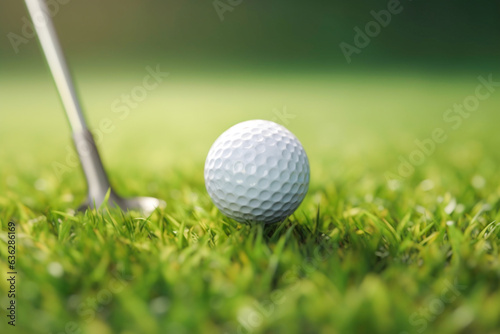 Close up of golf ball on green. Side view of golf ball on a putting green. Golf ball on fairway concept. Generative AI