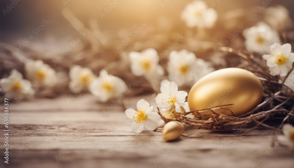 Easter eggs with copy space and small flowers