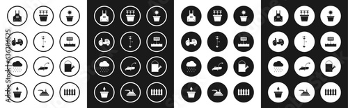 Set Flower in pot, Grass and weed electric string trimmer, Tractor, Kitchen apron, Blank wooden sign board, Plants, Watering can and Cloud with rain icon. Vector