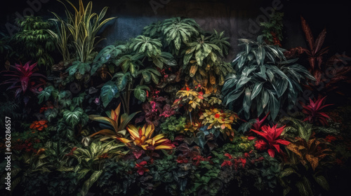many brightly colored tropical plants are on a black wall.