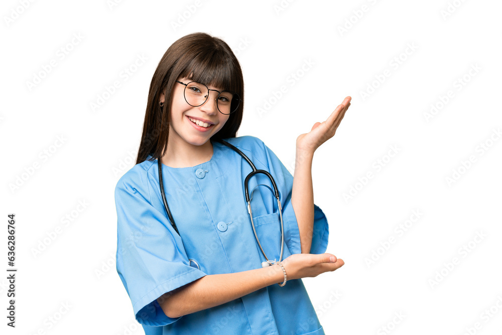 Little girl as a surgeon doctor over isolated chroma key background extending hands to the side for inviting to come Little girl as a surgeon doctor over isolated chroma key background extending hands to the side for inviting to come