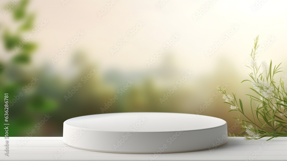 3d luxury white podium with blue nature background for your luxury product.Generative AI 3d luxury white podium with blue nature background for your luxury product.Generative AI